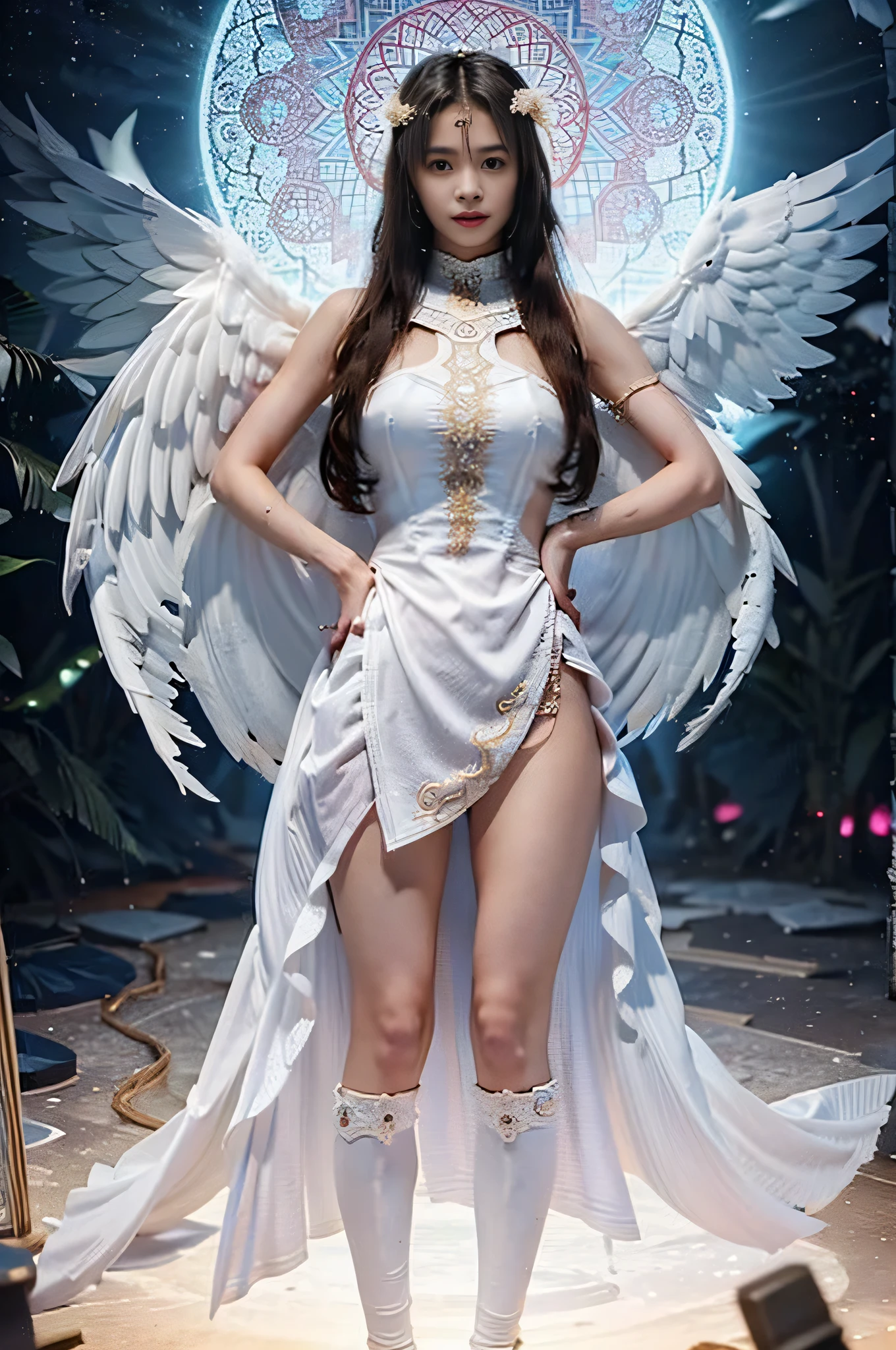 Lolita,big_chest,Long silver hair ,White dress, Wings with feathers