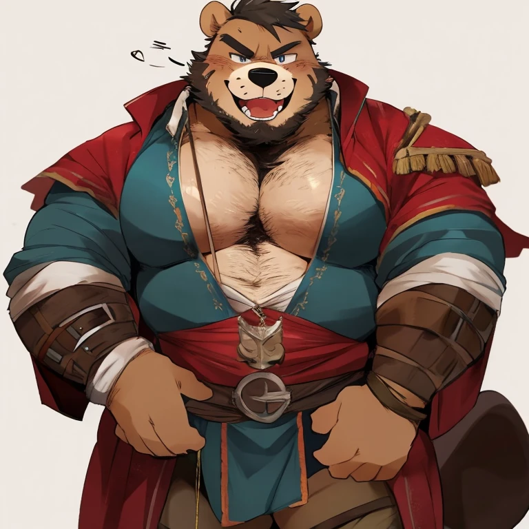 antro by the little bear_rusty), red scarf, (Old bear with sword), old daddy , obese and muscular , naked, simple background, ultra detailed, pose natural, (voluminous:1.3) body_sexy , standing, by honovy, correct claws in five of paws in dark , manly, Bulge, bulk, fur in brown, claws in five, blue overalls, hacha, nice nose_dark brown 