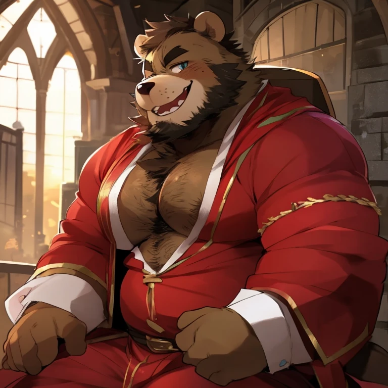 ((by zackary911)), ((zackary911)), ((bear)), anthro, ((sitting in a throne)), solo, ((large penis)), ((very detailed penis)), ((very detailed balls)), very detailed, ((very detailed fur texture)), Dilf, Daddy, father figure, mature male, hunk, pecs, ((crown)), ((fur cape)), ((very detailed clothing)), ((castle)), ((slightly chubby)), ((very detailed pre-cum))
