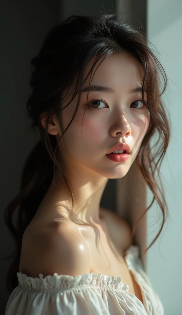 realistic photo, 25-year-old Japanese woman, nude, looking at the camera, from above, detailed face and body, natural lighting, high resolution, photorealistic, 32mm, (best quality,8k, high res,masterpiece:1.2),ultra-detailed,(realistic, photorealistic,photo-realistic:1.37), realistic skin texture, detailed eyes, and lips, beautifully detailed face, long eyelashes, smooth skin, natural body shape