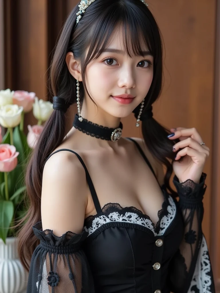(Best-quality, Masterpiece, Ultra-High-Resolution, (Photorealistic:1.4), Raw Photo, depth of field, professional lighting, perfect anatomy, extremely details), (1girl, 15-years-old, the most famous Japanese idol, standing in luxury-hotel-room, ((cute-pose)), (innocent smile)), ((((extremely cute pretty-face)), ((extremely cute and extremely big black-eyes)), ((extremely beautiful and extremely realistic skins)))), (((wearing gorgeous dress with cute-design):1.2))