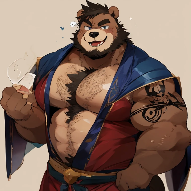 antro by the little bear_rusty), red scarf, (Old bear with sword), daddy , obese and muscular , naked torso, simple background, ultra detailed, pose natural, (well-built:1.3), (voluminous:1.3) bodybuilder, standing, by honovy, Por ROV, correct hands, manly, Bulge, bulk, fur in brown, claws in five 