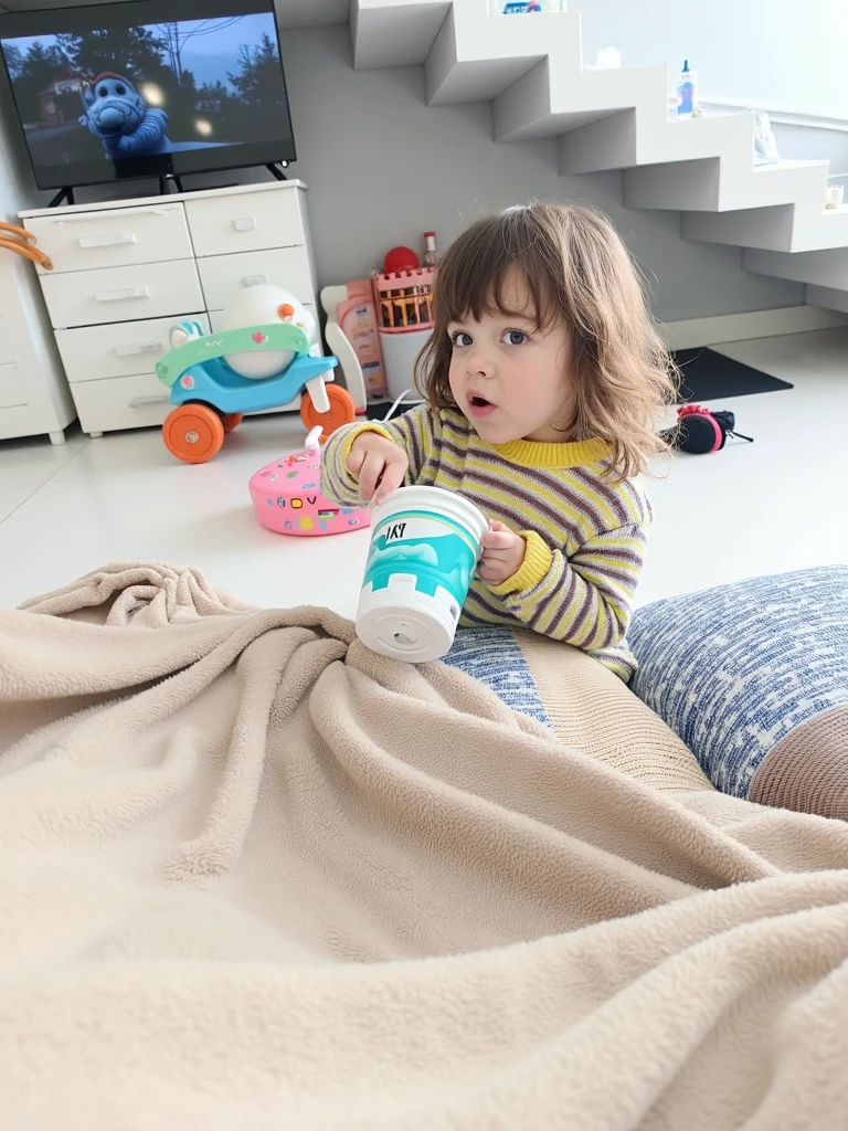 A 3 month old baby girl sitting inside a can of nestogen