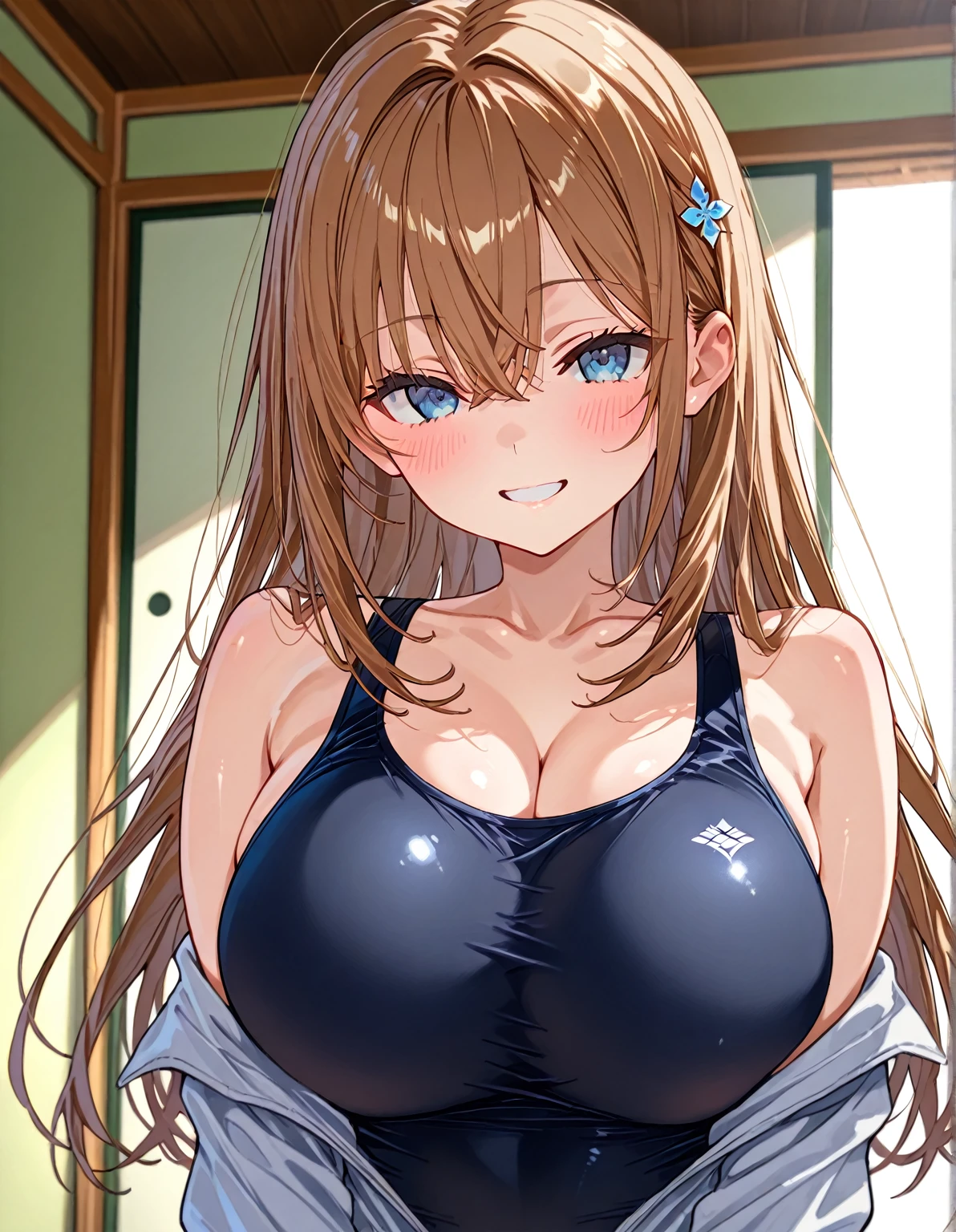 (best quality:1.5, highres, UHD, 4K, detailed lighting, shaders, HDR, hand depiction, anime style), asuna yuuki, light brown long hair, large breast, lingerie, (sweaty, cum, blushing), smirk, standing, bedroom background