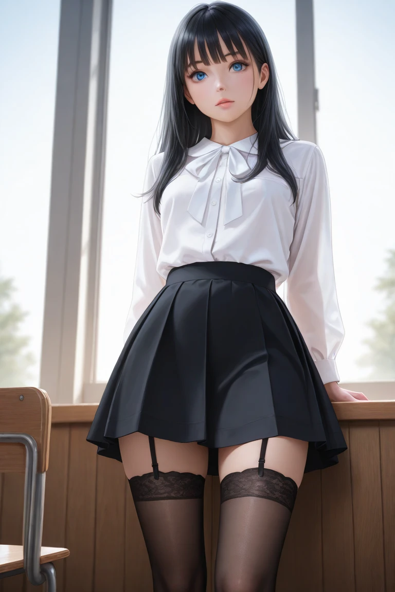 (8K, RAW Photo, Best Quality, Masterpiece: 1.2), (Realistic, Photorealistic: 1.37), Best Quality, Ultra High Resolution, Photon Mapping, Radiosity, Physically Based Rendering, Blur, Foreground, Depth of Field, Blurred Background, Photo_\(Medium), Motion Blur, Girl, (Full Body), Long Legs, Thin Legs, Long Hair, Bangs, (Bangs visible), hair_ornament, Lips, Hair clip, Solo, brown_eyes, Nosesoft, Sheer white blouse, mini skirt, stockings, lower,