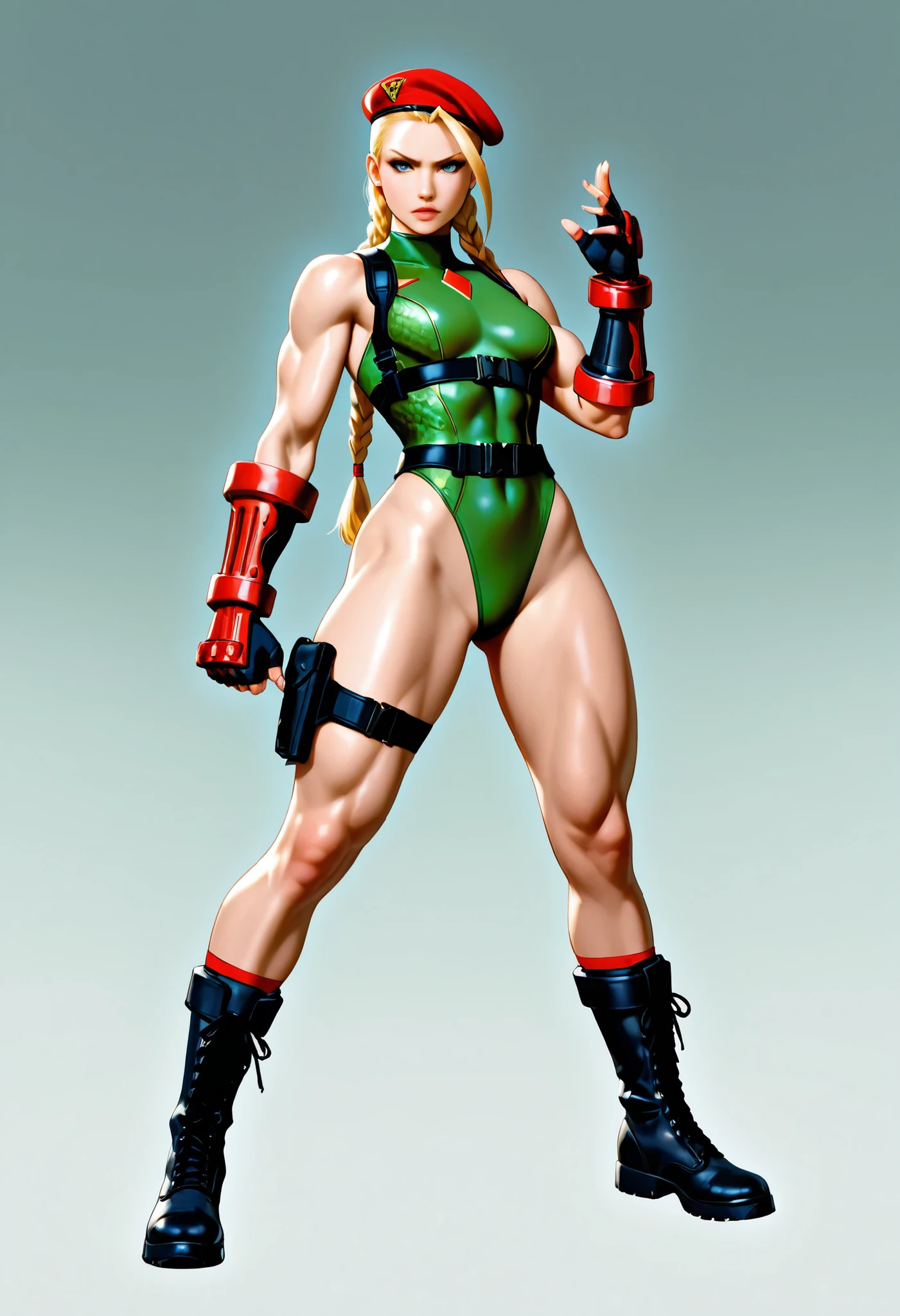 full body portrait of Cammy White from Street Fighter 6, standing in a powerful fighting stance, muscular and athletic female, green high-cut leotard, red military beret with gold emblem, red armored gauntlets, black thigh holster, black tactical boots, tight black harness belt, pale skin with visible muscle definition, long twin blonde braids flowing behind her, intense and focused facial expression, blue symmetrical eyes, slightly furrowed brows, sharp jawline, no facial distortion, five fingers per hand in correct proportion, standing against a simple green gradient background with cinematic lighting, ultra-detailed, anime-realistic style, realistic skin texture, game-accurate costume, centered composition.
