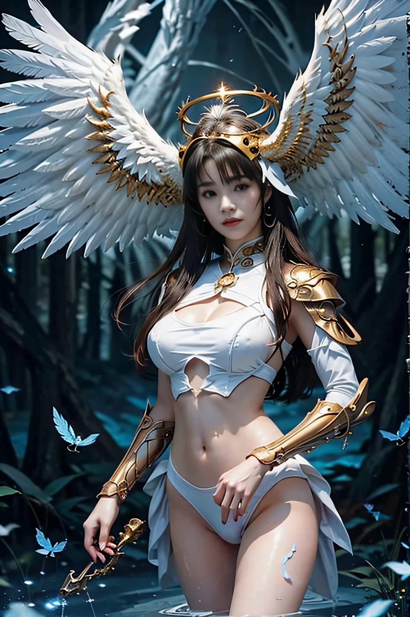 Beautiful angel girl with golden wings, realistic image,8k virtual reality,complete anatomy,Correct anatomy,Masterpiece,Staring at me.,Complete composition,Spectacular background