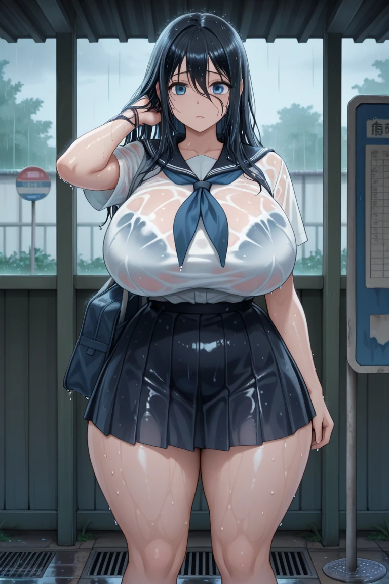 A woman with big ,Beauty,Black long hair,Bow,(Fully transparent sailor suit:1.2),(Lace Hair Accessories),weak,Sexy,Color,lactation,blush,Bright Light,ahegao,On the bus,Standing,Multiplayer,