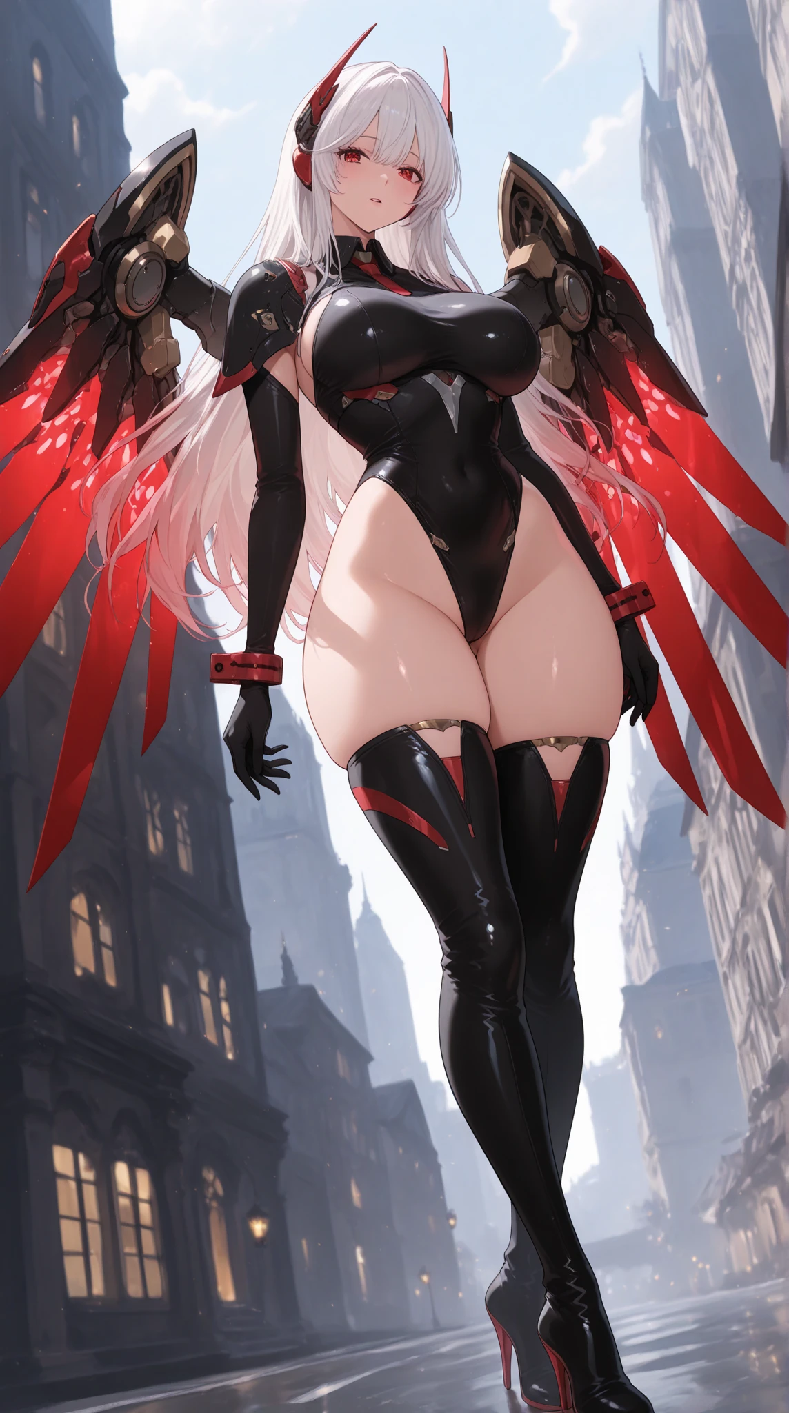giantess succubus, in heels, walking in tiny city, sexy legs, small breasts, sheer stockings, standing, looking down, photo from below, realistic, evil and mad