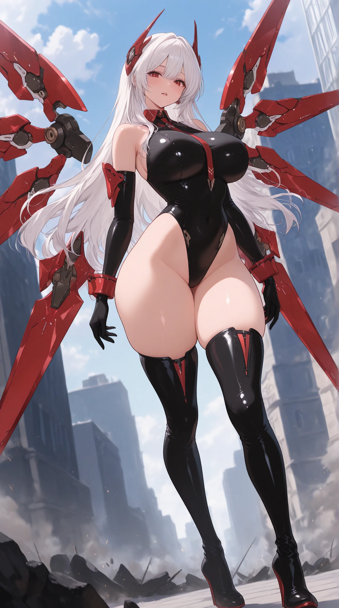 ultra-detailed, Explicit, Beautiful body, Beautiful Nose, Beautiful character design, perfect eyes, perfect face, ultra highres, 4K, beautiful legs, perfect legs, Nice hands, Perfect hand, Masterpiece, Best Quality, Highly detailed, illustration, absurdres, perfect anatomy, street fighter, doll suit, shadaloo doll, dollsuit, expressionless, blank eyes, looking at viewer, red gloves, emotionless, black latex, corruption, mind control, female combatant, full body, hypnotized, unhappy trance, full body suit, ribbed bodysuit, both arms at side, obey, perfect female body, extremely glossy latex, hypnosis, hypnoLora, empty eyes, Mind control device, poses, submissive_pose, Slave, standing straight, standing, standing at attention, hat, necktie, belt, latex, ribbed bodysuit, thigh Highs, garter belt, Fighting Stance, extending the right arm from the shoulder into the air with a straightened hand, military, thigh boots, black pantyhose, (((pixel-perfect, detail-perfect))), solo, 1girl, hair ornaments, long hair, white hair, yellow eye, pale skin, MARIE ALTER, side ponytail, grey hair, huge breast, from back, looking from back, from behind, view from back, ass