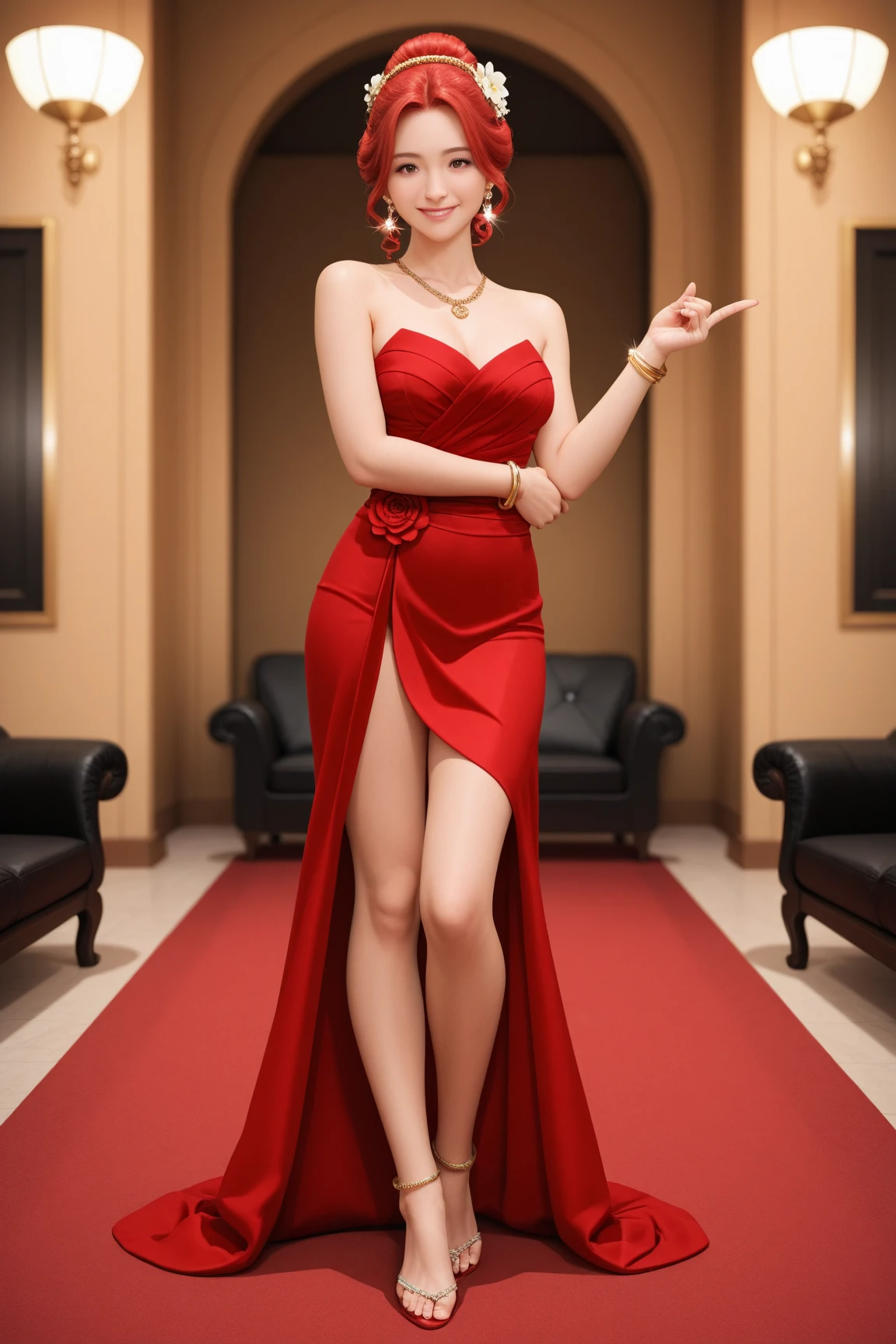 a young beautiful brunette female moviestar woman walking the red carpet at the movie gala night. beautiful pose, flashing, fitness body, sexy elaborate charming dress, cameras, spot lights, journalists and fans, cinematic lighting, vivid colors, high quality, 8k, ultra detailed