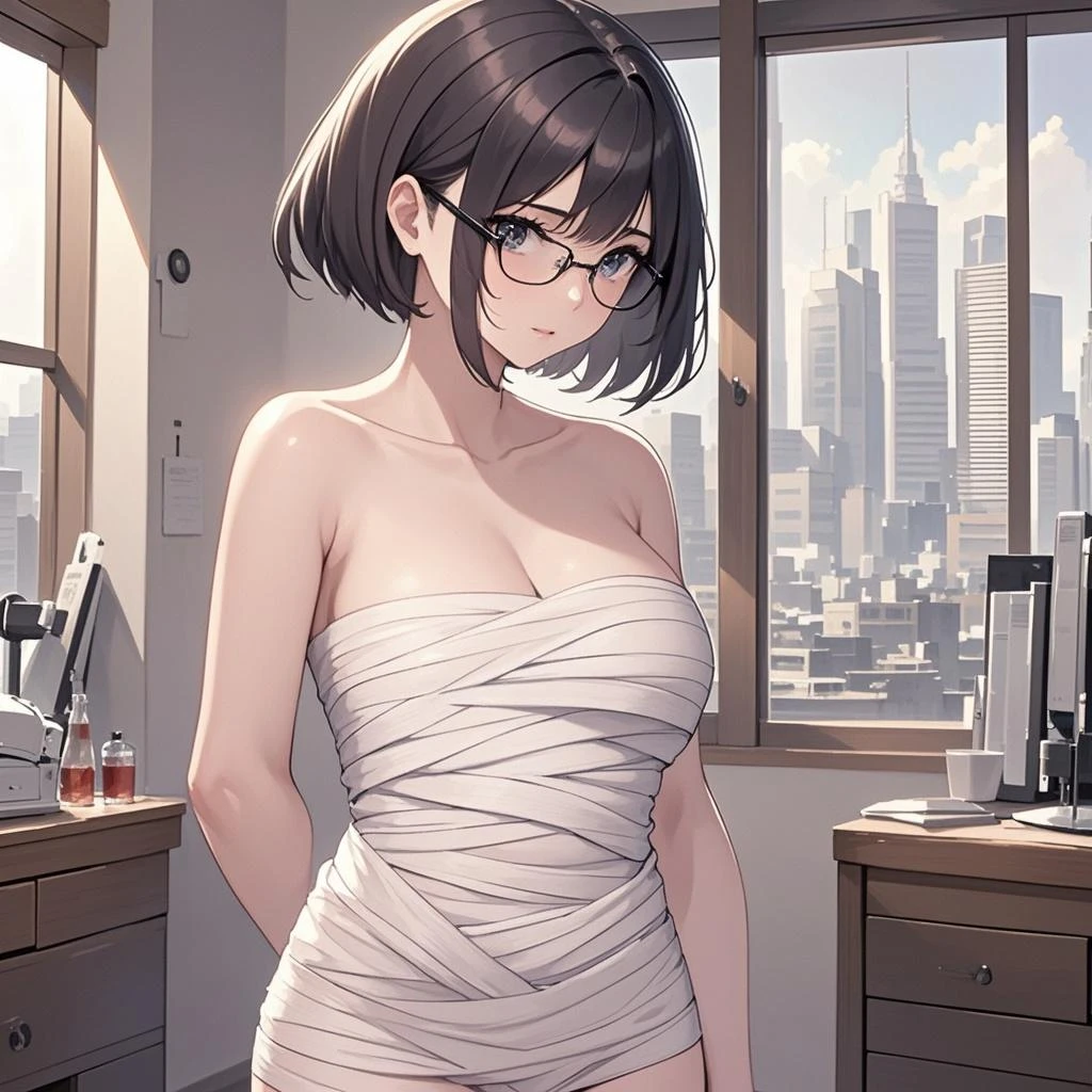 (1girl:1.3), Masterpiece, Best quality, amazing beauty, 4K, absurdres, finely detail, super detailed eye, perfect anatomy, official art, cinematic lighting, BREAK, bathroom, silky bob cut, black hair, super shiny detailed brown eyes, Staring Intently, closed-mouth smile, Eyeshadow, glasses, Looks like fun, BREAK , big breasts, tall, medium, pale skin, Are standing, full body, from front, Bold composition, Dimly light, BREAK , (Shirt button:1.2), (Cleavage is visible:1.2), BREAK,()