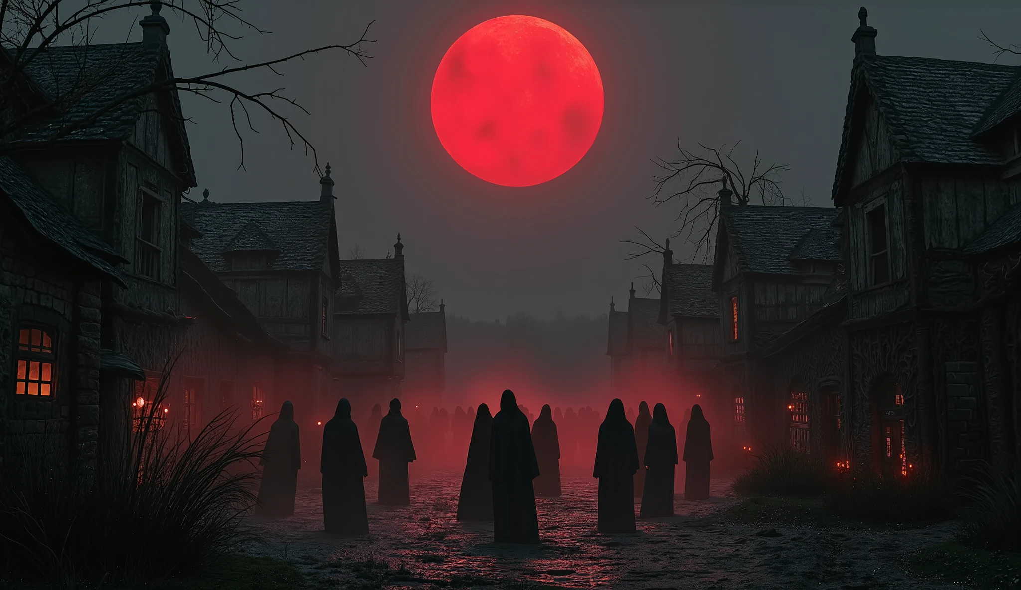 Cursed village under a blood moon, folk horror style, eerie rituals, ominous atmosphere.