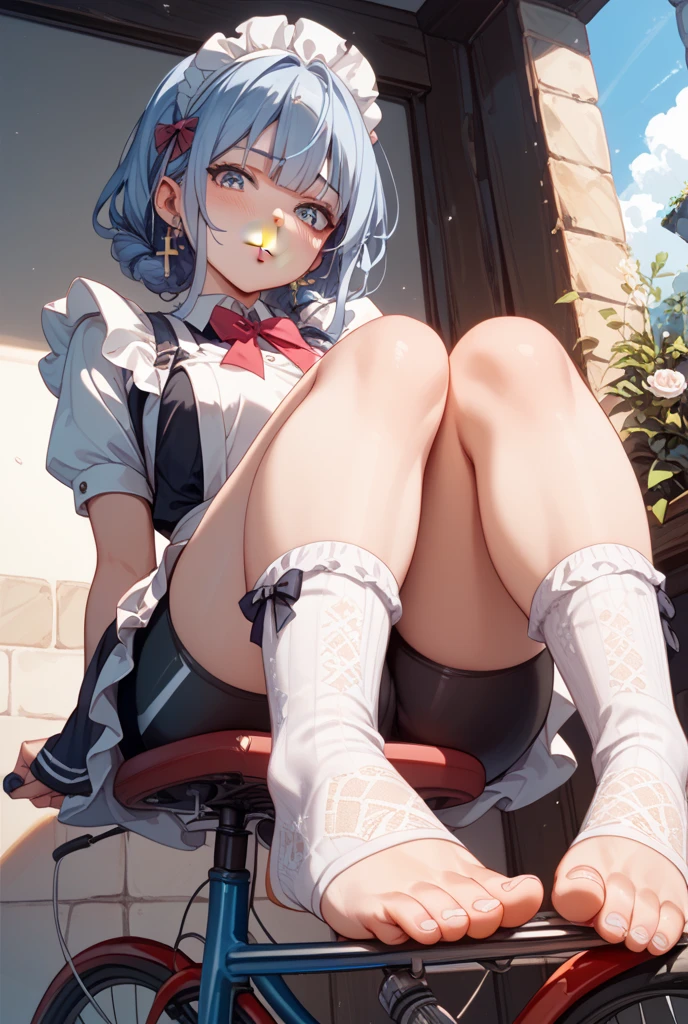 (8k, Realistic, RAW Photos, Highest quality, (from below:2), View your viewers: 1.3), (Fox Girl, Fox Ears, One Girl, Alone on the screen, dark skin, High definition, (boyish, Silver color very short hair), (Blue Eyes):1.4), とてもbeautiful, (Realistic Face), ((wet maid apron, Clothes that are mainly black with red accents), (Long skirt):1.5), (Body measurements: 88-55-77!, Height is 145 cm, Nice body, Big Breasts, (skirt hold, show off panties), slender, cleavage:1.6), Standing posture, A brilliance that captivates the viewer, beautiful expression, beautiful breasts, (Realistic Skin), beautiful...