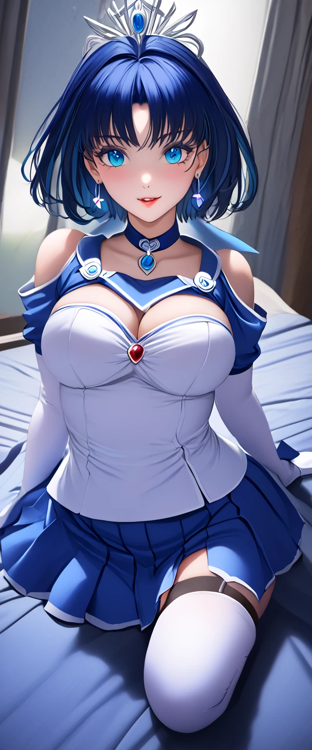 (Solo, 1girl in), (absurderes, hight resolution, official wallpaper, poster for), (masutepiece, Best Quality:1.2), (Illustration, Realistic), (perfect  detail, highest details, ighly detailed), Dramatic light, Ami Mizuno, (Sailor Mercury, Neck ribbon, Blue hair, Short hair, circlet, Jewelry, Crescent Earrings), ((Print Lingerie), (print bra), (printed panties), white thighhig, Garter Belt), (Chess, Sitting, chess piece), (Sitting, Serious, )