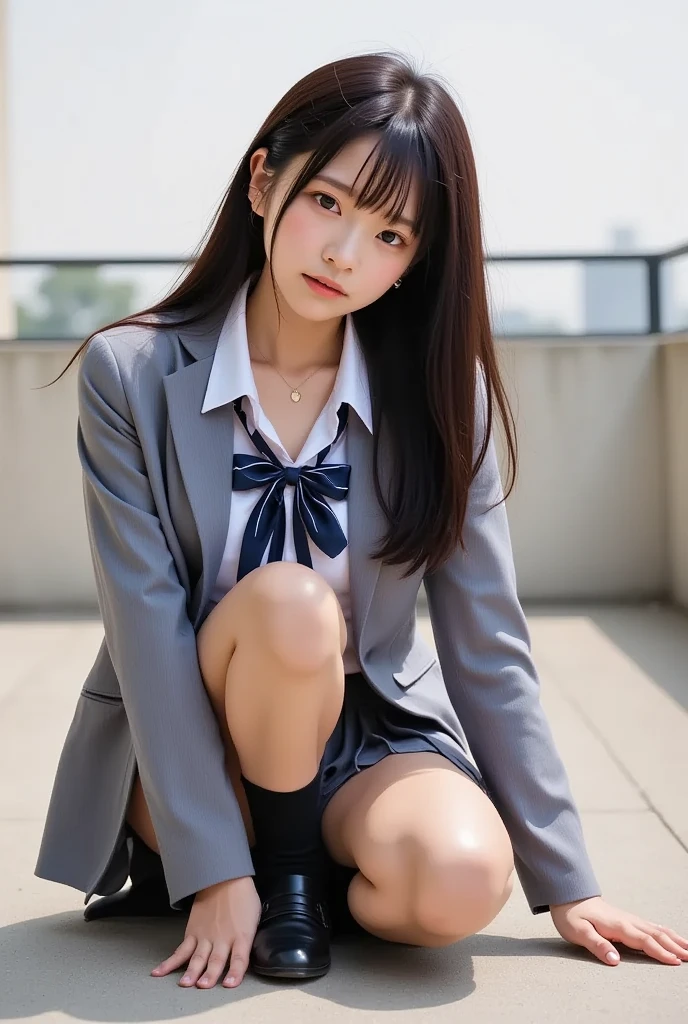 ulzzang-6500-v1.1, (RAW photogr:1.2), (realisticlying:1.4), Beautiful Meticulous Girl, Very detailed eyes and face, Beautiful breakdown, absurderes, Incredibly Ridiculous res, ultra - detailed, A high resolution, The is very detailed, best qualtiy, tmasterpiece, ((Japanese women's black uniform)), in class room, By the window and outside the blue sky, unified, 8k wallpaper, That's great, finedetail, tmasterpiece, high high quality, Highly detailed CG uniform 8k wallpaper,电影灯光,16yo girl,(dynamicposes))),(camel-toe),(knee-bending leg sit))