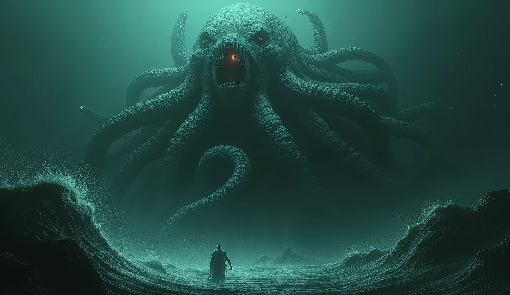 Eldritch horror from the deep sea, cosmic horror style, tentacled monstrosity, dark waters.