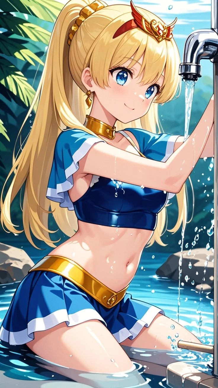 blonde very long hair, red eyes, wearing a sexy blue dress, side slit, ultrasharp, looking at the viewer, ((best quality)), ((masterpiece)), (detailed), perfect face, big breast, sexy body, sexy woman besides her, hugged, An anime scene of two girls hugging and kissing intensely, with hearts and sparkles floating around them as they stand in pool of water