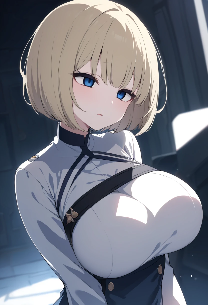 Hellsing Ultimate, Seras Victoria, 1girl, ((bimbo))), short blond hair, red eyes, puffy lips, thick lips, wide hips, thick thighs, enormous round fake breast, huge ass, happy smile face, tight police uniform, breasts squeezed together, night time,