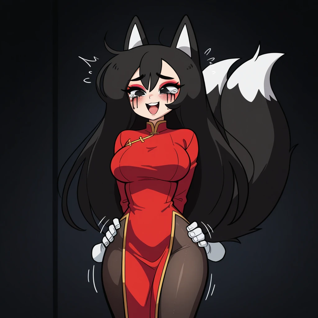 three Cute short, 17 year old female, with long black hair and red eyes, that is 4 foot 8 inches. They has medium breasts, face blushing deeply. I have fox ears and tail, exposed thighs, wearing a skin tight black and red suit, hands in between pussy and panties