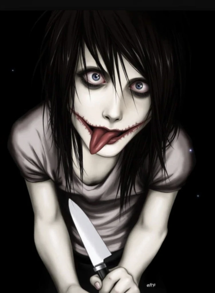 Jeff the killer, 1man, black hair, completely white skin, cut and red mouth in the shape of a smile, messy hair, white t-shirt, black pants, knife in his hand, high quality