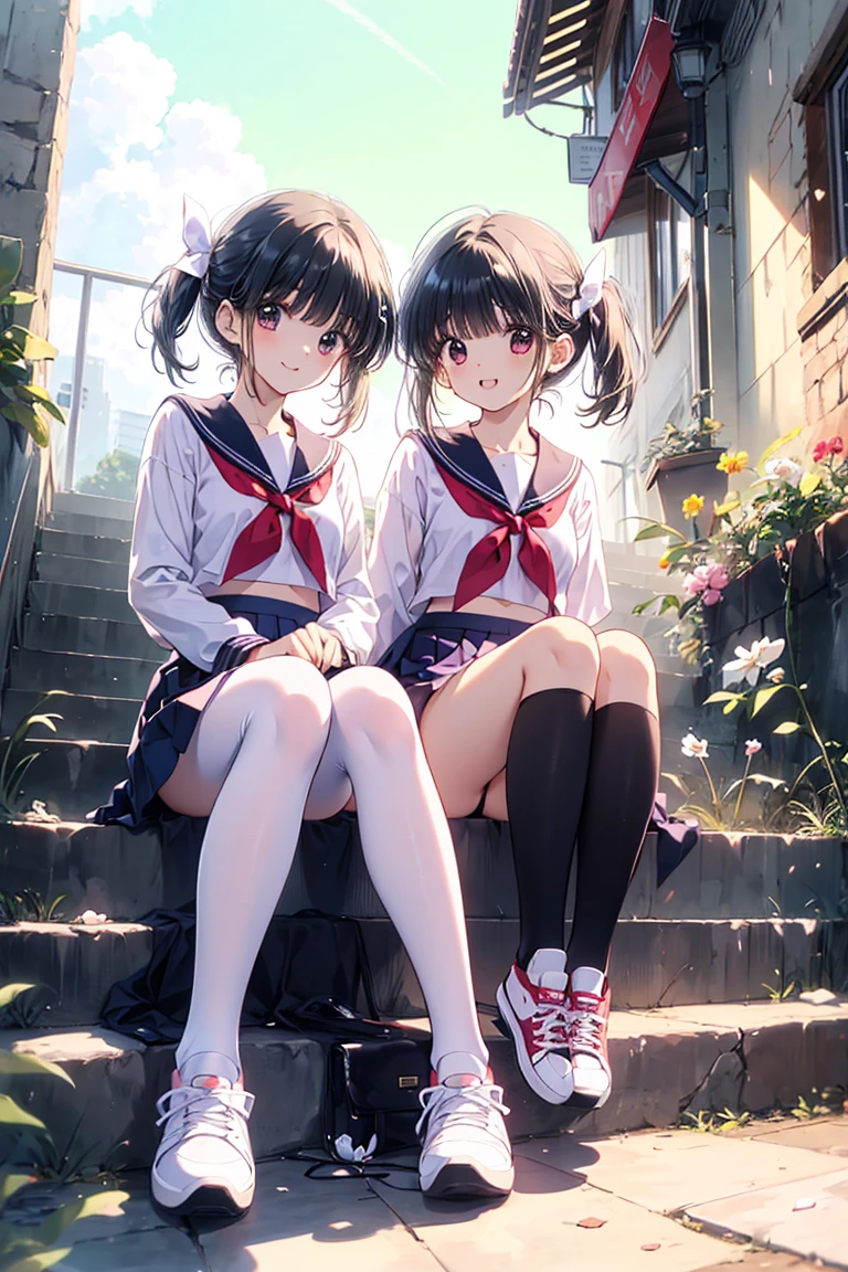 realistically, 2 girls, twin tails, 1 ponytail, brown eyes, glowing eyes, white short skirt, Blush, daytime, Wet from the rain, see through, sleeveless shirt, nipples, Sit with your knees raised., pussy, crotch, naked, smile