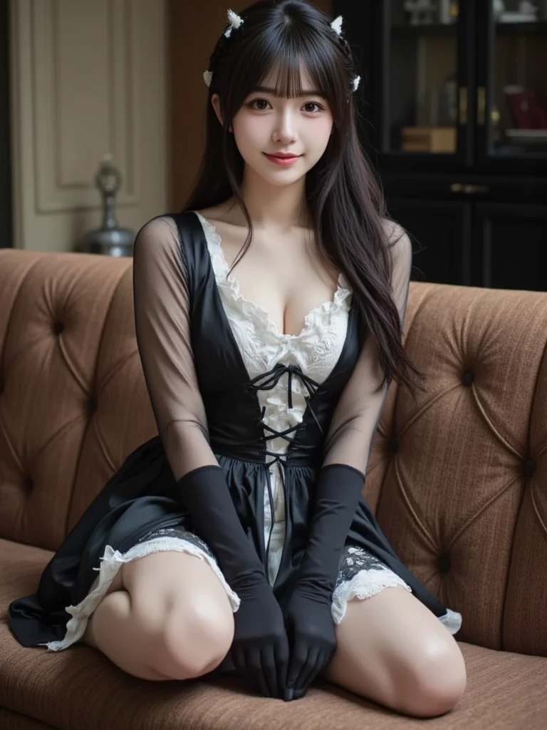 (Only one person), Pure Japanese young girl, wearing dark gothic style dress and accessories, lace stockings, classical high heels, vivid makeup and lips, thick eyebrows, arranged hair styles, sweet smile, sitting in antique gothic style interior, summer midnight, decadent atmosphere, dazzle me, professional photography, 
