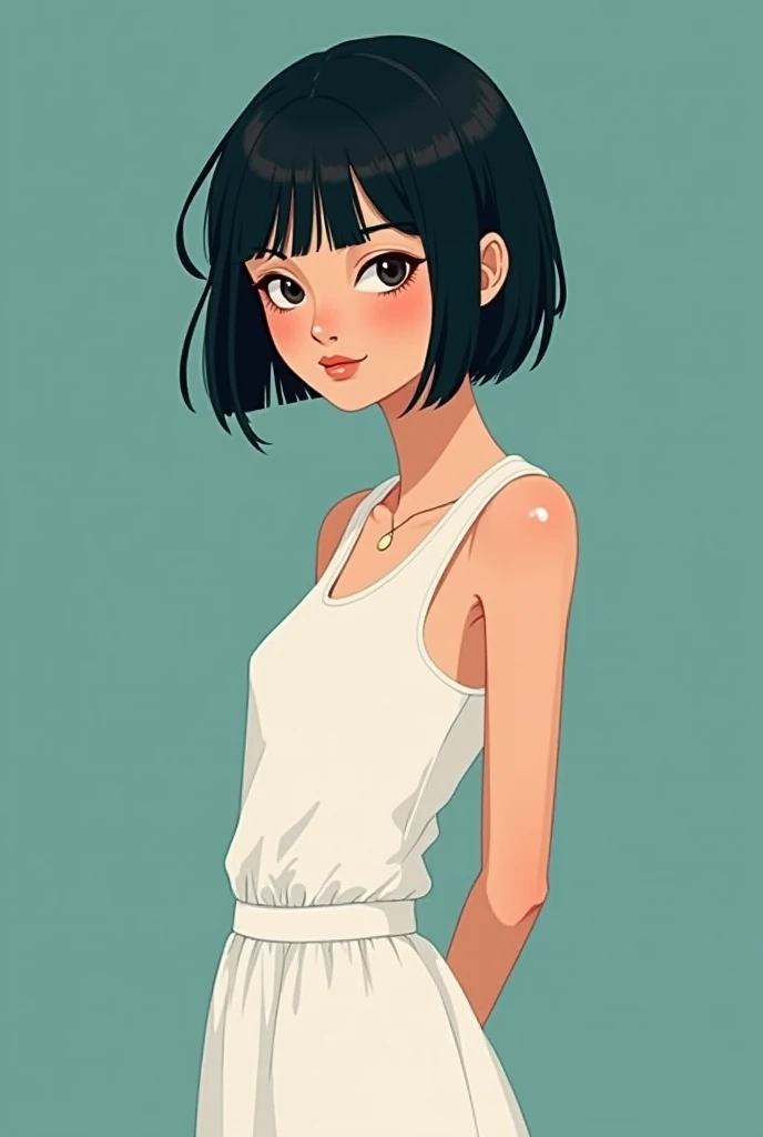 Amazing cowboy shot of a sexy woman wearing her black bob cut hair, seductively gazing and smiling, soft lips, blushing intensely, white tank top, panties , medium chest, perfect body, simple background, Nicole Kidman