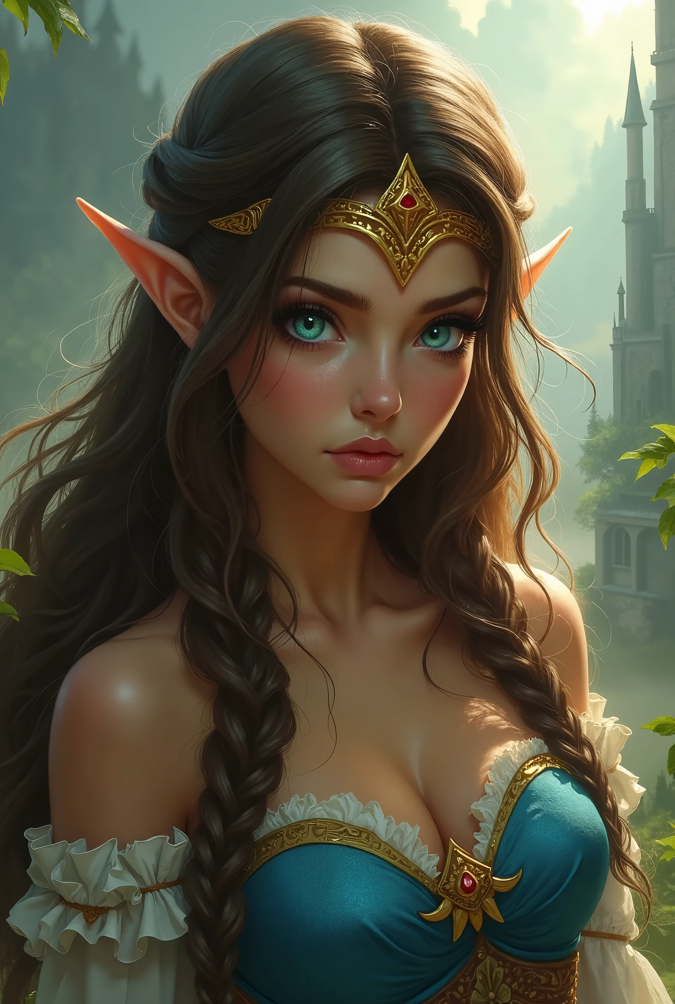 1 girl, (alone:1.3), ,((best quality)), ((masterpiece)), (detailed), perfect face, elf, young, play in the forest, big breasts, blue red hair, braid, ,sexydetailed hands, detailed eyes, detailed face