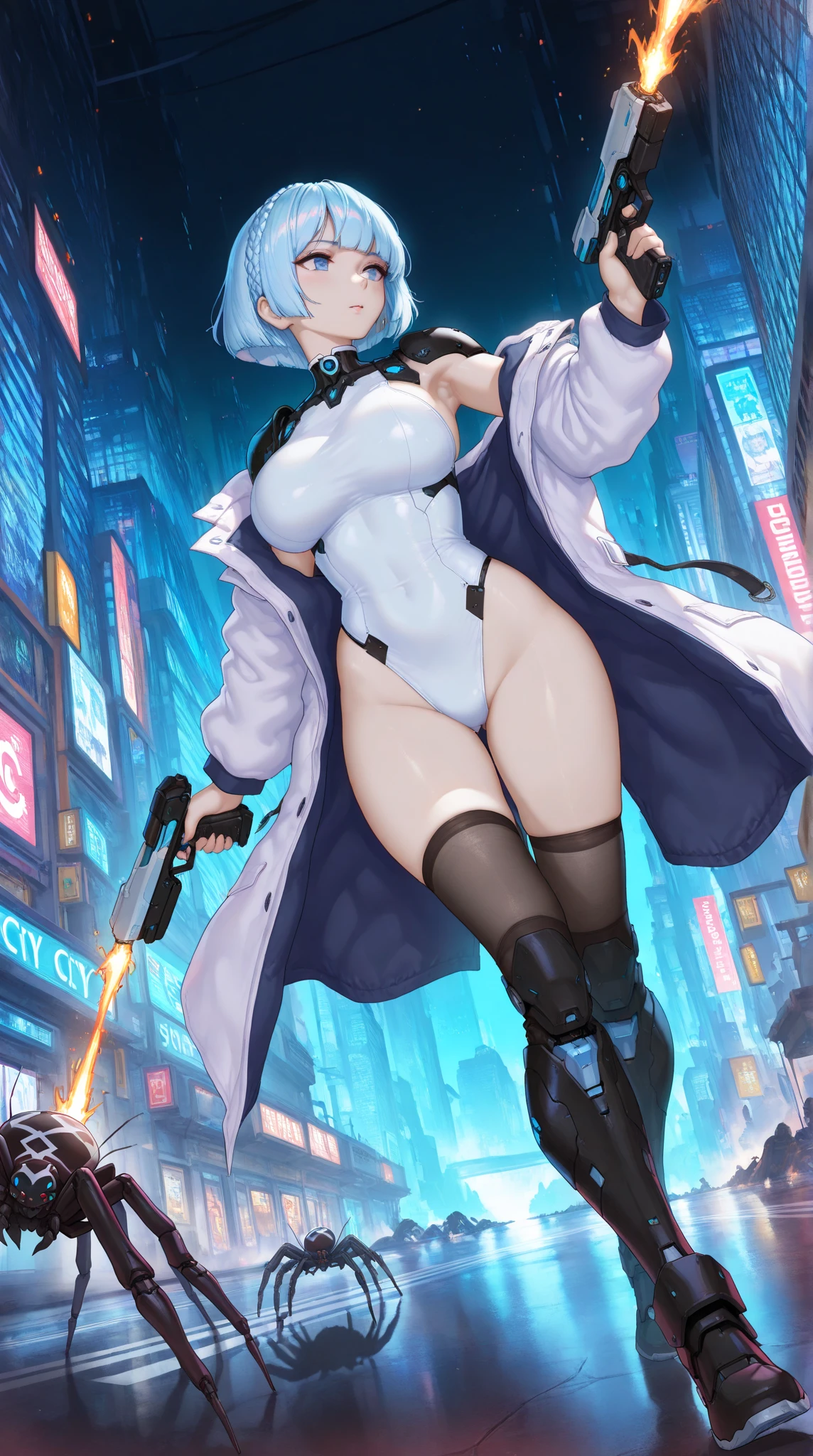 ((1 cyborg woman)),((big breasts, naked breasts, naked pussy, completely naked, blue clitoral piercing)),((standing in a room with window and futuristic sofa)),((embarrassed face)) ,((bare breasts, with lots of bubian hair, wearing a scientist's coat)),((short gray hair with Elastic, bright yellow eyes)),((facing the viewer)),holding medicine bottle,