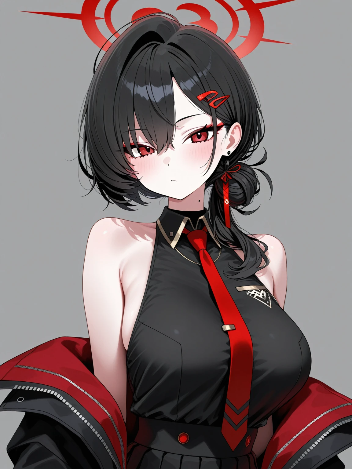 Amazing portrait of a sexy woman with her hair tied back in a high bun with her eyes emphasised by smokey eyeliner gazing at us seductively with her perfect lips parted wearing a red dress with black laces and fishnets