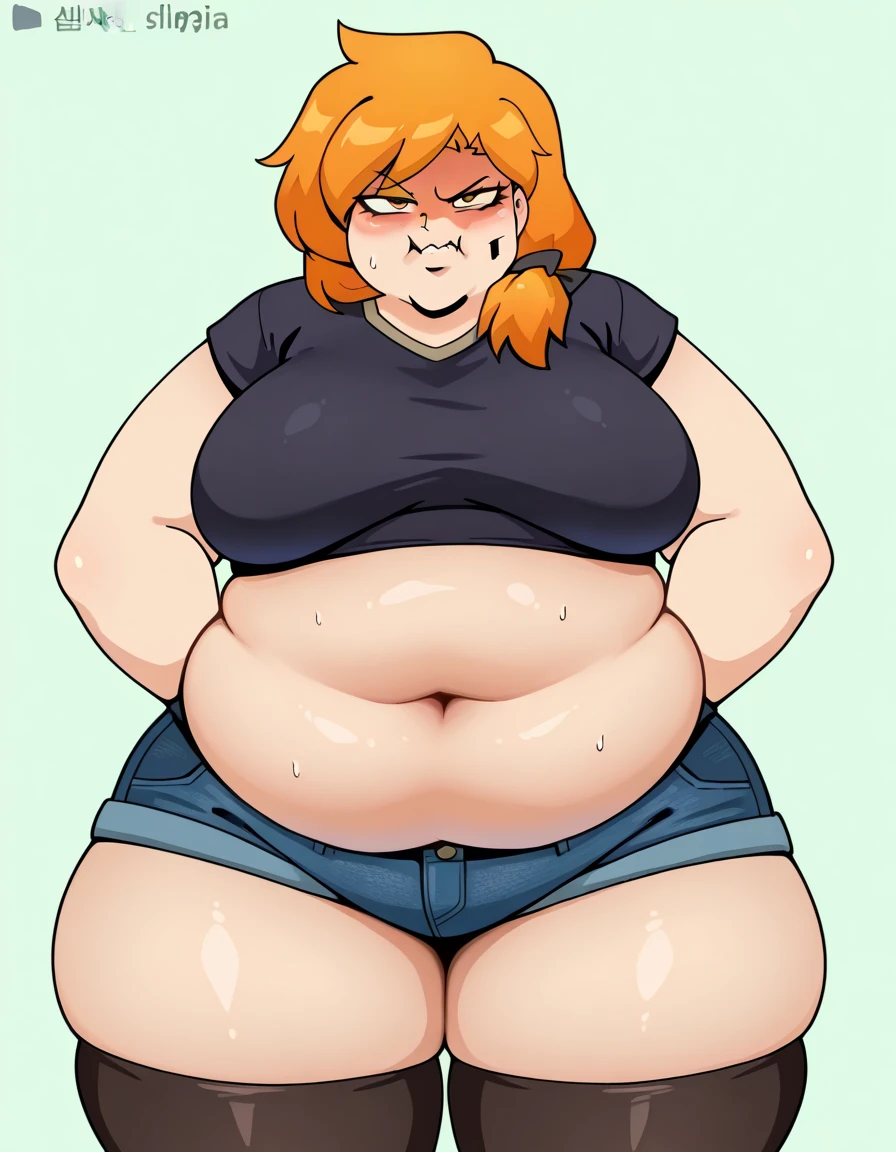 (best quality), (masterpiece, 4k ,ultra detailed:1.2), (beautiful mature woman), grin, blue eyes, earrings, long hair, curly hair, redhead hair, small breasts, ((detailed face)), ((beautiful face)), blush, (tank top:1.5), (low-waist shorts:1.4), stomach, (obese, thick thighs, gigantic belly:1.6), belly hang over, thick arms, WeightImmobile, (fat rolls:1.3), pile of food, sitting on chair, table,