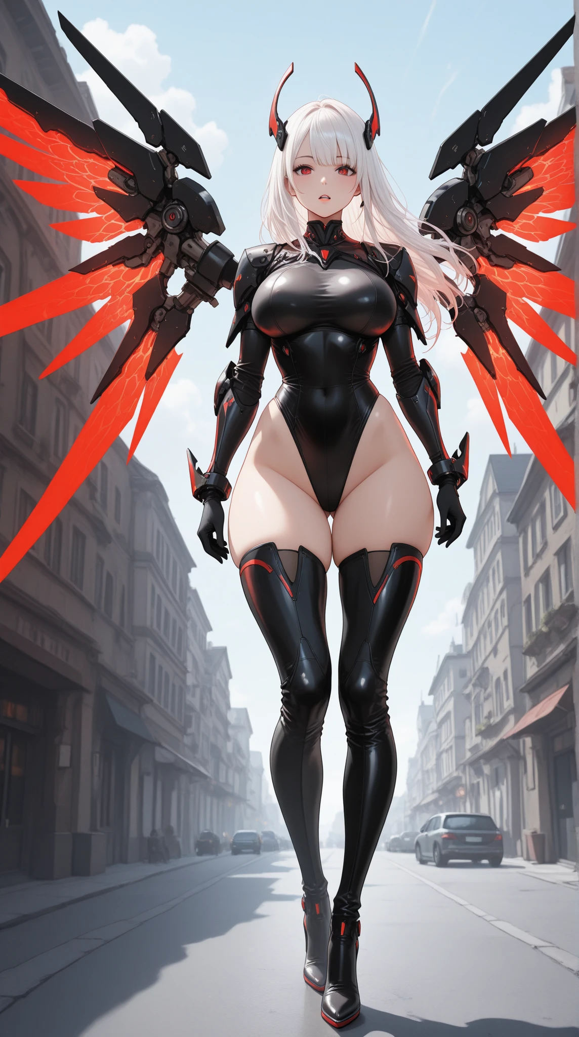 ((((masterpiece, best quality, high resolution)))), Extremely detailed 8K, Beautiful girl with voluptuous body, (Ultra HD, Ultra-detailed, Highly detailed, Highly realistic, Ultra-realistic, photograph realistic), (1girl:1.5), (Realistic white hair), (short silky hair, hair ornaments, earrings), (dynamic poses), facing at camera, looking at viewer, (blushing red, embarrassed, exhausted, smirk), (bright red eyes, sharp eyes), (small perky breasts:1.2), (wide hips:1.2), (beautiful detailed face, beautiful detailed eyes), ((black highleg leotard, Origleotard, thighhighs, breast, OrigArm, armor, mechanical armor)), (detail pussy), (standing up:1.3), sweat, glow, (nightlight), ((cowboy shot)), bedroom, seductive