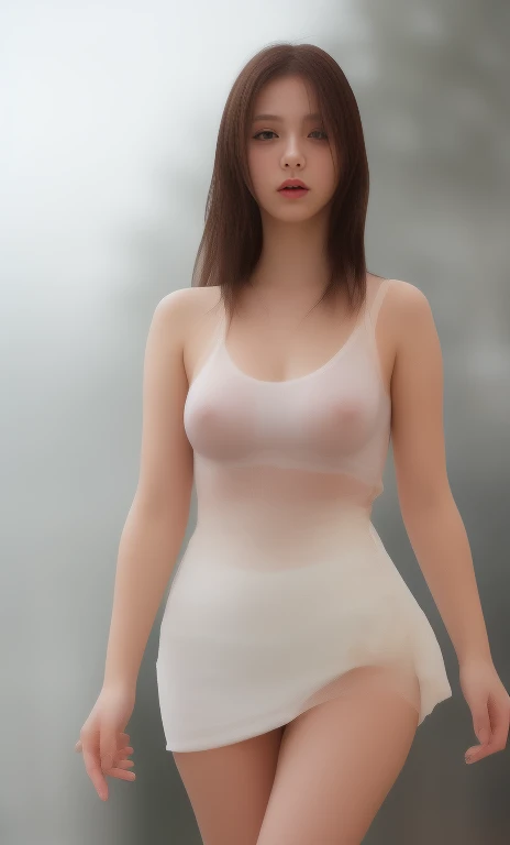 (8k, highest quality, ultra detailed:1.37), (Hana), 18yo, (a beautiful fashion model), struts confidently on the runway during a prestigious fashion week event. Naked, nude, shiny nipple, show armpit, Hana's elegance and poise captivate the audience. The high-resolution image captures ultra-detailed realism, highlighting Hana's captivating eyes, flawless complexion, and fashionable hairstyle. The glamorous runway and stylish set design add to the visual appeal, creating a visually stunning representation of Hana's success in the fashion industry. Short hair