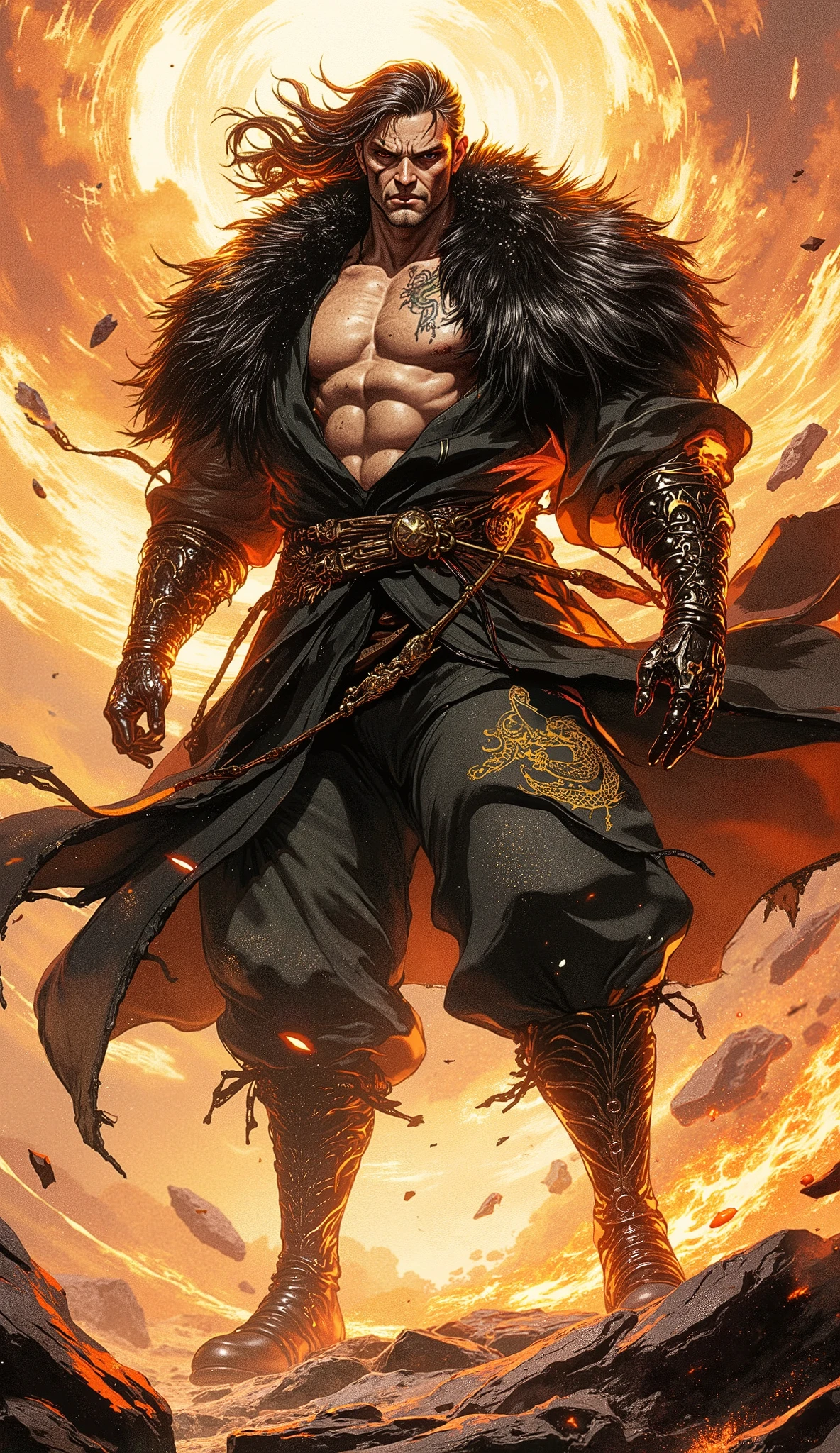 Epic digital painting, cinematic character concept art. An imposing wuxia hegemon, a titan of a middle-aged man with herculean muscle definition. He has a chiseled, weathered face with a confident, arrogant smirk playing on his lips, his piercing eyes glowing like molten gold. A glowing, arcane lightning bolt tattoo scars his left cheek. A wild, wind-whipped mane of crimson and onyx-black hair crackles with latent energy. He wears a masterfully crafted, short-sleeved wuxia jacket of black silk embroidered with intricate gold dragons, worn open over dark, form-fitting blackened steel scale mail. A heavy, luxurious shawl of black dire wolf fur is draped across his immense shoulders. He wears rugged canvas trousers, vambraces of intricately carved obsidian, and tall, imposing black leather boots. He stands in a dominant, earth-shattering stance upon a fractured, desolate battlefield. His overwhelming chi aura manifests as a visible storm of raw power, violently shattering the ground beneath him and levitating jagged shards of rock and glowing embers in a swirling vortex around him. Cinematic, dramatic lighting, volumetric god rays piercing through a dusty atmosphere. Epic fantasy, masterpiece, best quality, hyper-detailed, intricate details, sharp focus, perfect anatomy, flawlessly rendered hands.