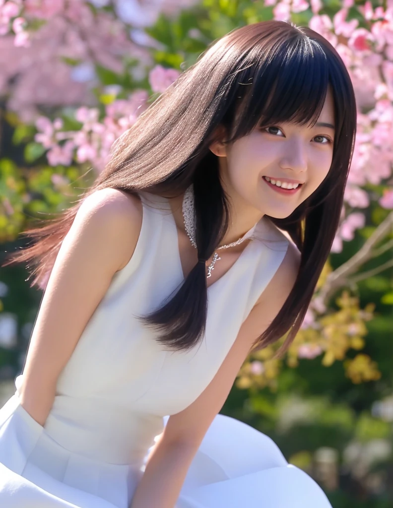 A young, cute and kind girl 

long hair with no curls 

(black hair) 

calm smile 

D cup breasts 

girl wearing a camisole 

(white camisole) 

A flower garden all over the ground 

(pink flower field) 

clear and beautiful sky 

contrails in the sky 

japanese girl 

