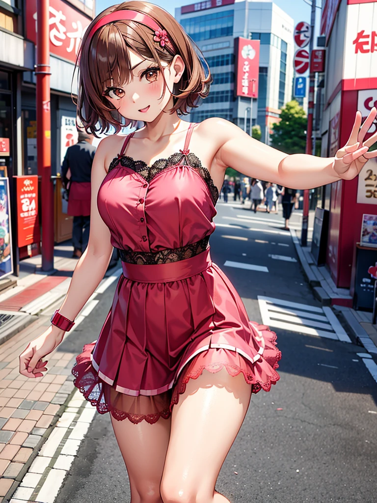 (masterpiece:1.2, top-quality), (realistic, photorealistic:1.4), beautiful illustration, (natural side lighting, movie lighting), (face focus,full body, from below),a 17 years old girl, japanese, high school girl, perfect face, perfect body, cute and symmetrical face, shiny skin, babyface,(short hair:1.6), (low ponytail:1.6), long sideburns, light brown hair), asymmetrical bangs, dark blue eyes, big eyes, drooping eyes, (small breasts, posed cleavage,seductive thighs, big ass), beautiful hair, beautiful face, beautiful detailed eyes, beautiful clavicle, beautiful body, beautiful chest, beautiful thigh, beautiful legs, beautiful fingers, (off-shoulder red dress:1.3), (sleeveless black:1.1),( brown tight mini skirt), emerald green hair ribbon), (beautiful scenery), morning, (street), standing, upper eyes, (with sparkling eyes and a contagious smile:1.2),looking at Viewer