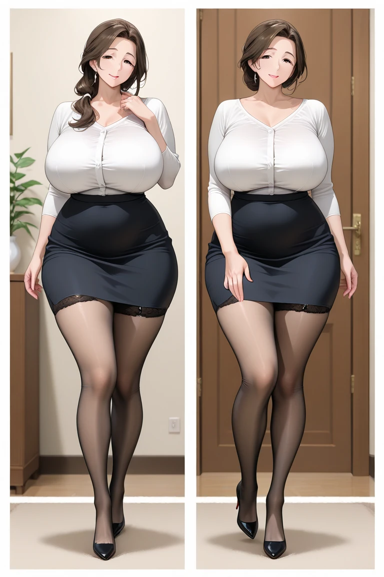 1womanl, (tmasterpiece: 1.3),Beautiful mature Japanese woman, detailed finger, beautiful hand, hyper realisitc, 1womanl, (Sagging breasts, Bewitching body: 1.2) brunette color hair: 1.1, Super detailed face, Detailed lips, Detailed eyes, double eyelid,office lady, short skirt, white shirt soaked in sweat, visible curves,full body1:1