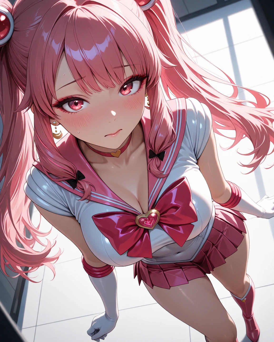 (8K, masutepiece, Best Quality, Official art, beautiful detailed, beautiful lighting, best masterpiece in history that exceeds limits), (1 Girl, Solo), (sixteen years old), (beautiful detailed face), (shiny white skin), (Beautiful big bust, cleavage, thighs focus, navel:1.3), (beautiful detailed pink twin tails hair, Bangs:1.3), (beautiful detailed drooping pink eyes:1.5), (high school uniform:1.3), (patsel pink sailor collar, white short sleeves short length outing shirt, pastel pink pleated skirt, patsel pink ribbon:1.3), (Loose socks, ultra slouchy white boot socks, loafers:1.3), (happy smile:1.2), (Attractive, sensational, look at the camera, cute pose:1.3), (simple white plain background:1.5),