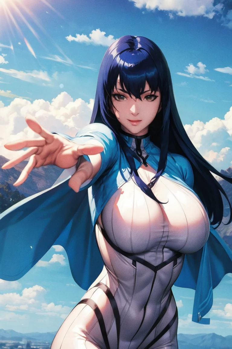 （（（masterpiece、Highest image quality、highest quality、highly detailed unity 8ｋwallpaper）））、（（Illustration of one girl））、（（（beautiful girl）））、blue hair、stocky build, thickset physique：1.3, muscular legs, broad shoulders, solid chest、（（（big breasts）））、white clothes