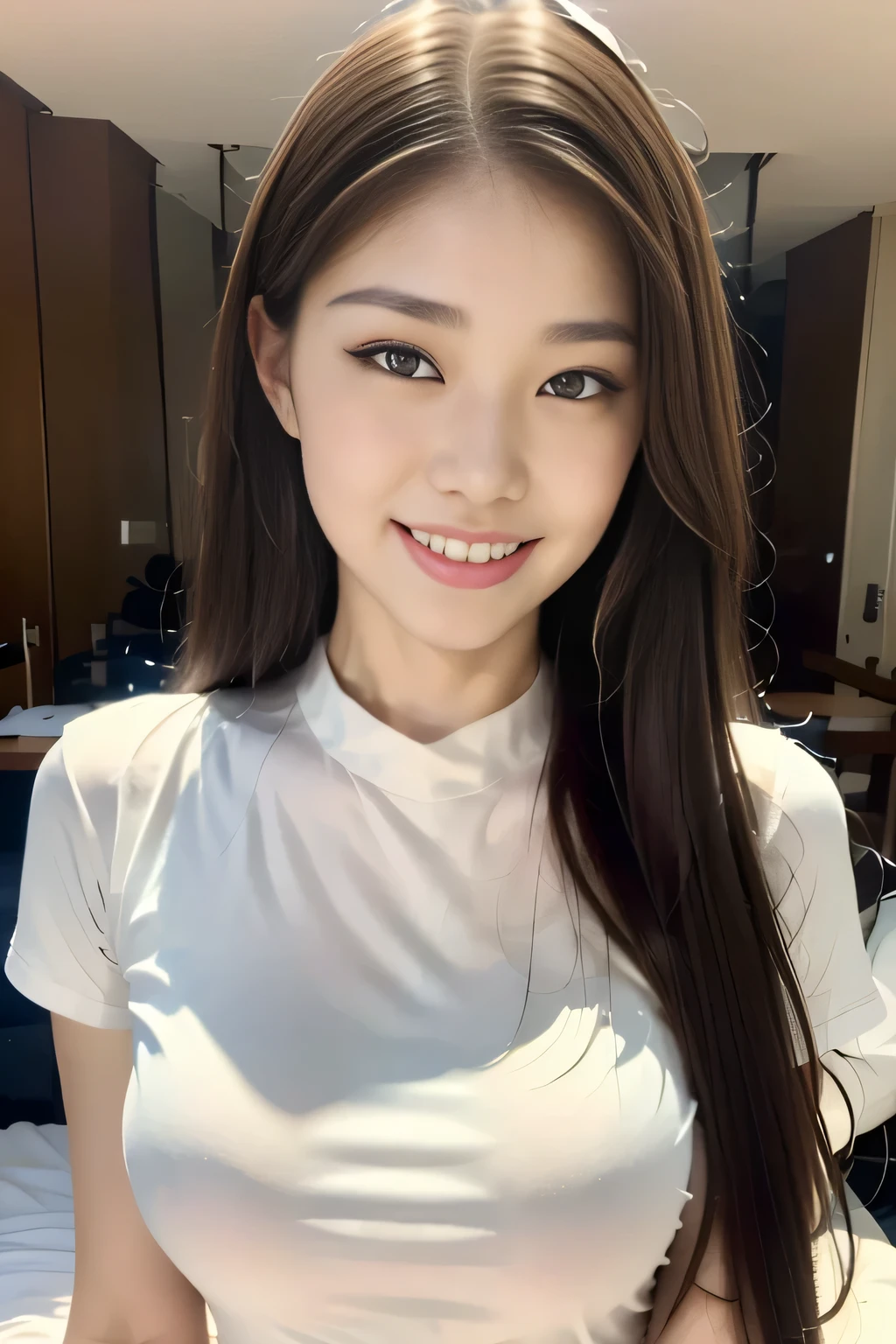 White tight skinny shirt、White tight skinny bed、smile、Short sleeve、high resolution、double eyelid、White teeth、Long Hair　A well-proportioned Japanese face　Thin eyebrows　Brown Hair　Panty shot　Black Mini Skirt