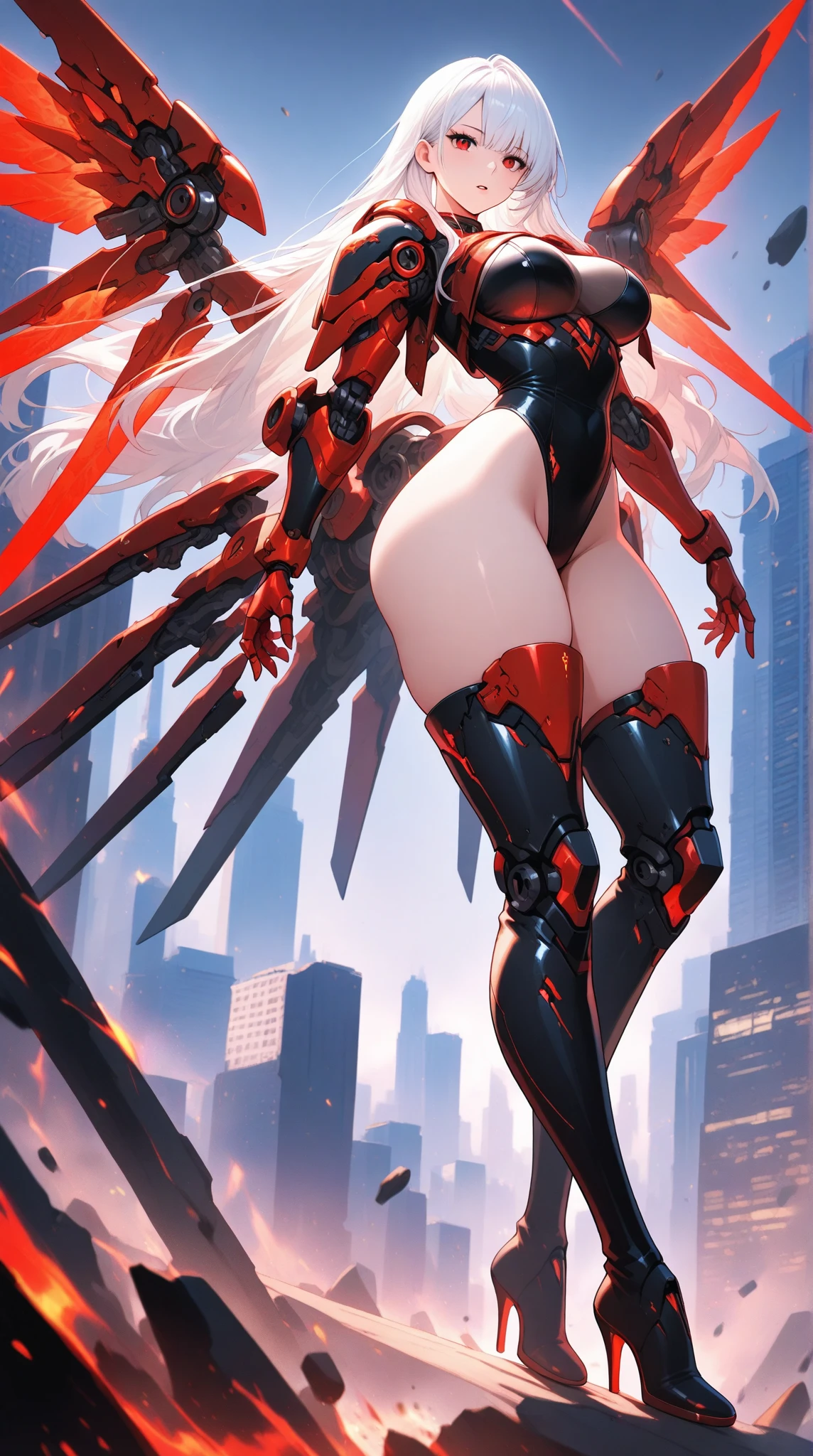 (SFW, NSFW_STILL_SHOW), Oppai-Loli、((wide-angle, Flying Magic、Floating hair、Floating in the air, Curved horizon, Overlooking a city eroded by the jungle,Above the city, correct anatomy:1.4)), best quality, (masterpiece:1.25), 8k, clear, focused, (realistic, photo-realistic:1.37)、{ Soft Lighting with many Follow lights | smooth shading }、(Detailed KAWAII Face)、{(Childish)|(Gigantic Cleavage)}、((facing back、Full Body:1.2, Ass focus))、Detailed open crotch、(Detailed glistening ivory skin)、extremely detailed, { Transparent Veil | Red Leather High Collar | Red Long Boots | rubber sole | Random hair color }、((cor perfect anatomy, no missing limbs, no extra limbs, Mystic sight )),