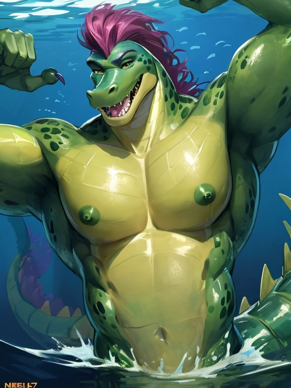 eastern dragon, solo,  adult, mature, strong,, underwater,, bubble, air bubble, tail, dragon tail, old, barbel, fluffy mane,  yupa, kiyosan, dark green body, red hair, detailed background, wide dynamic range, hdr,. ,handsome, scales, looking at viewer, black horns, chest hair, massive pecs, abs, (happy trail), (red scars), smirk, (veiny), pubic hair, crotch tuft, bulging muscles, swimming, on back, horizontal, relaxed,, flexing, smirk, showoff, thick thighs, muscular legs, thick tail, big tail,,