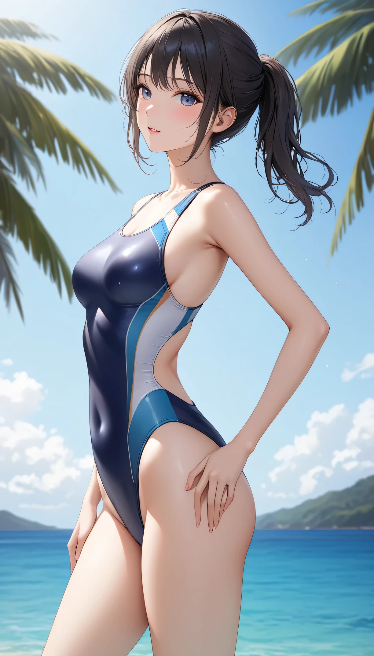 (((masterpiece))),(((High resolution)))、(((8K)))、(((perfect face)))、(((beauty of japan)))、30 years old、(((beautiful face))), (((one peice swimsuit))), embarrassed look, look at the camera, (thighs)、top quality eyes, detailed texture, big tits, (((back))), (((ass)))