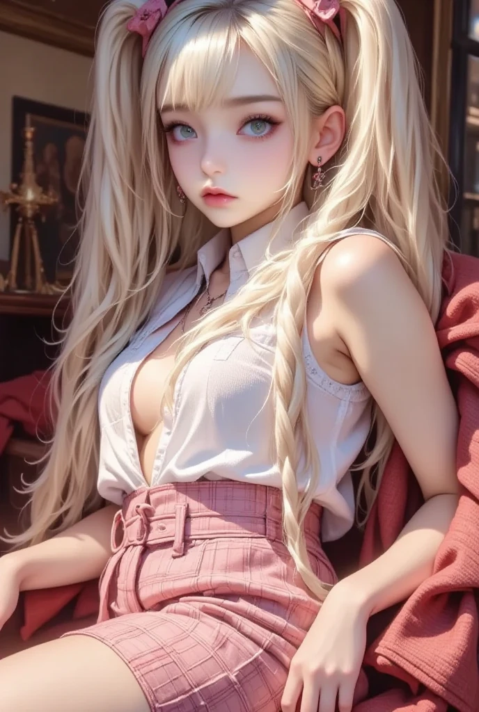 (Best quality,16k wallpaper,high resolution:1.2),Red to silver hair, wavy and long hair, Shiny hair color, Perfectly detailed face, full pouty lips, watery big eyes, Vertical pupils, reflective light, Woman with rabbit ears, Black and white shirt, Lazily lying in a solid wooden box, Soft lighting, full body shot of