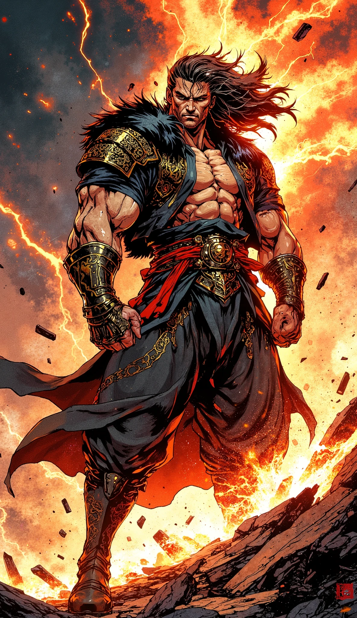 Epic digital painting, cinematic character concept art. An imposing wuxia hegemon, a titan of a middle-aged man with herculean muscle definition. He has a chiseled, weathered face with a confident, arrogant smirk playing on his lips, his piercing eyes glowing like molten gold. A glowing, arcane lightning bolt tattoo scars his left cheek. A wild, wind-whipped mane of crimson and onyx-black hair crackles with latent energy. He wears a masterfully crafted, short-sleeved wuxia jacket of black silk embroidered with intricate gold dragons, worn open over dark, form-fitting blackened steel scale mail. A heavy, luxurious shawl of black dire wolf fur is draped across his immense shoulders. He wears rugged canvas trousers, vambraces of intricately carved obsidian, and tall, imposing black leather boots. He stands in a dominant, earth-shattering stance upon a fractured, desolate battlefield. His overwhelming chi aura manifests as a visible storm of raw power, violently shattering the ground beneath him and levitating jagged shards of rock and glowing embers in a swirling vortex around him. Cinematic, dramatic lighting, volumetric god rays piercing through a dusty atmosphere. Epic fantasy, masterpiece, best quality, hyper-detailed, intricate details, sharp focus, perfect anatomy, flawlessly rendered hands.