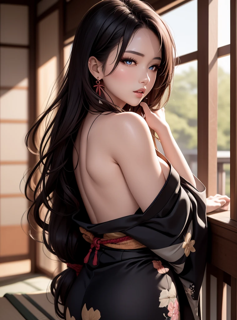 (((8k wallpaper of extremely detailed CG unit, masterpiece, 超A high resolution:1.2, top-quality:1.2, masutepiece))), ((extremely beautiful lady, extra detailed face, Highly detailed black eyes, extra detailed body, Top quality real texture skins, A dark-haired, de pele branca, Small:1.3, Sexy black and red kimono:1.2, off shoulders, Light pink eyeshadow, Sitting with legs spread)), (Exposed cleavage, exposed shoulder, Exposed belly, Exposed legs), (paper lanterns, Plum Blossom, Plum blossoms, natta:1.2, A Japanese style), hyper realisitic, digitial painting,