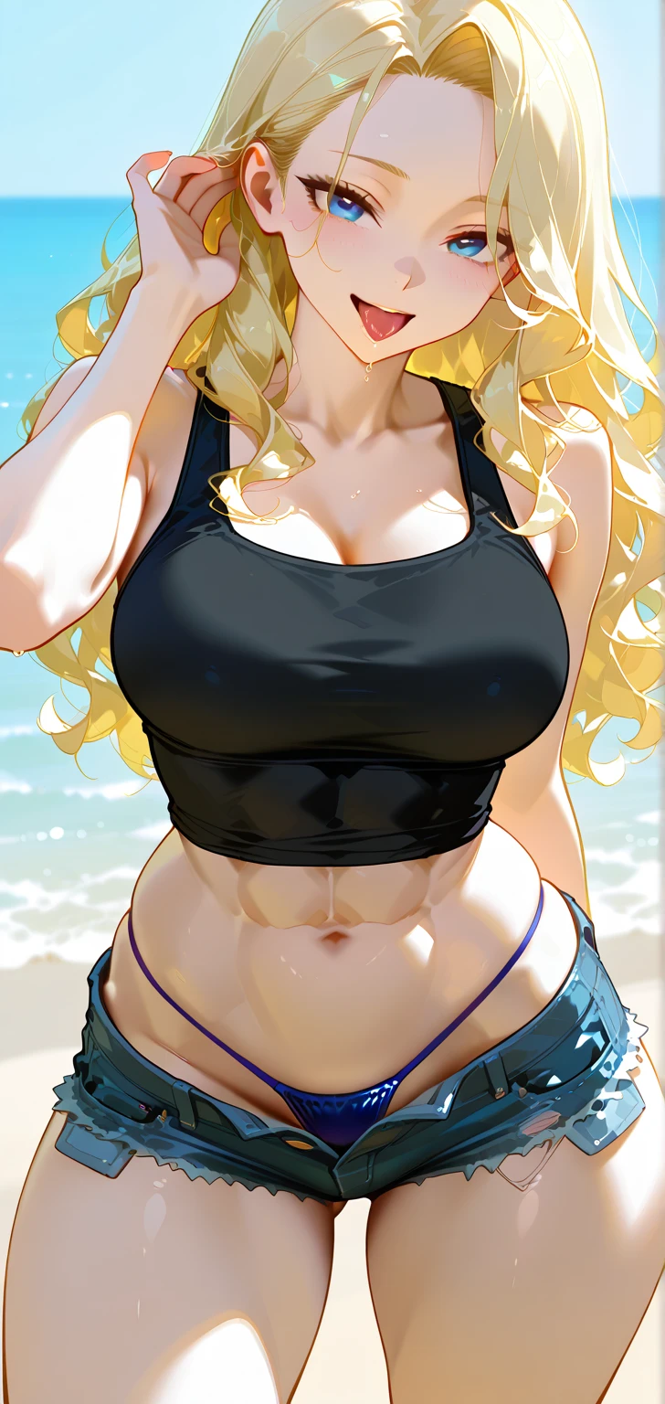 ((highres)), Masterpiece, high quality, best quality, beautiful, perfect lighting, detailed face, ultra cute face, looking at viewer, ((1girl)), ((solo)), cowboy shot,
long blonde hair, ponytail, blue eyes, crop top, jean shorts, cleavage, medium breasts, wide hips, thick thighs, skinny, fit, smile,
Standing on a dock, ocean in background, arms behind back,