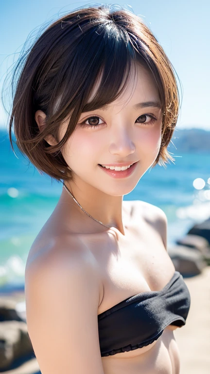 (8k, RAW Photos, highest quality, masterpiece: 1.2), Very detailed, Super Resolution, (Genuine, Genuine photos: 1.37), Portraiture, High-resolution RAW color photos, Professional photos, Very detailed and beautiful, Very detailed, 8k wallpaper, Amazing details, Large file size, Official Art, Very detailed CG Unity 8k wallpaper, Very detailed beautiful girls, Very detailed facesHighly detailed eyes, Very detailed skin, Very detailed fingers, Very detailed鼻, Very sophisticated mouth, Perfect Anatomy, Very detailed background, Very elaborate clothing, One Girl, (18:1.2), Teen, cute girl, Famous idols of Japan, cute, Genuineistic body, , White skin, Glowing Skin, the body is slim, Handsome body, Brown Hair, length, Curly Hair, (Blunt bangs:1.2), smile, cute, like々Shii, Cute face, Realistic Face, Delicate eyes, Saggy eyes, Flashy Bikini, Looking at the camera, Front Face, Standing posture, Beachside, Dynamic Lighting,length legs，White Sandals，