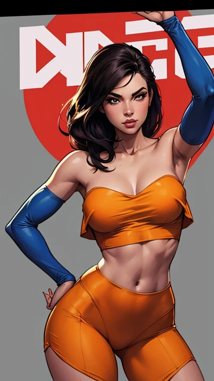 (jim lee, comic panel), brown hair, curly hair, hazel eyes, sexy outfit, (thousands of, crowd of), identical girls, crowd shot, identical sisters, clones, matching hairstyles, matching outfits, matching faces, crowded, filled with clones, in straight line, same pose, straight arms, arms on sides, full body